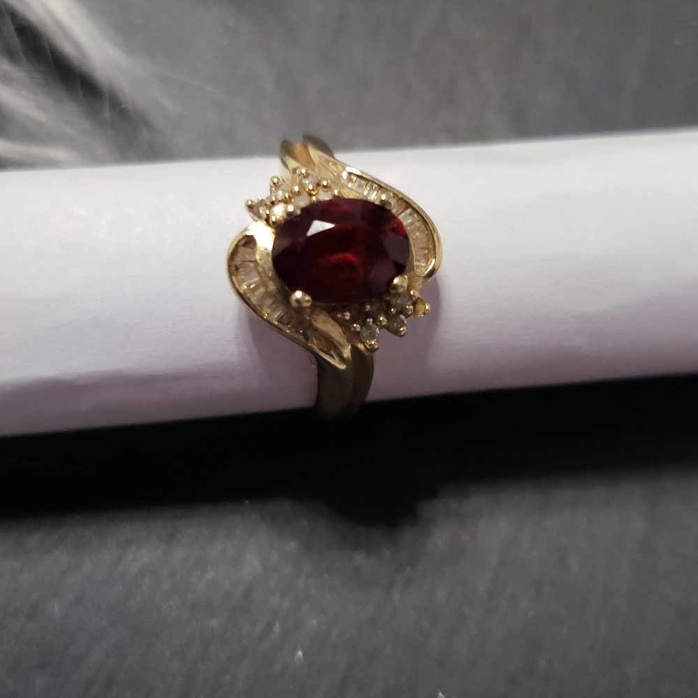 14k gold Garnet & Diamond bypass ring